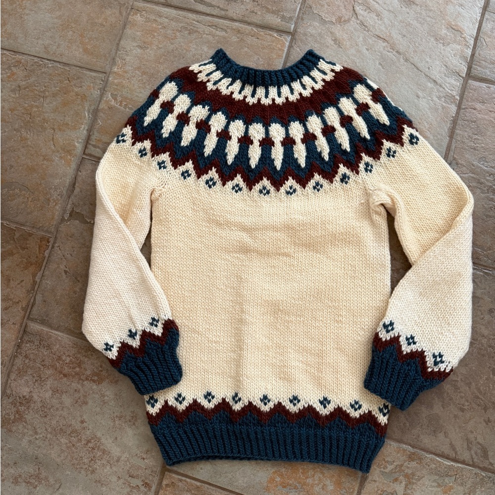Women's hand knit 100% Merino Wool Fair Isle Nordic Sweater - Cream and Navy